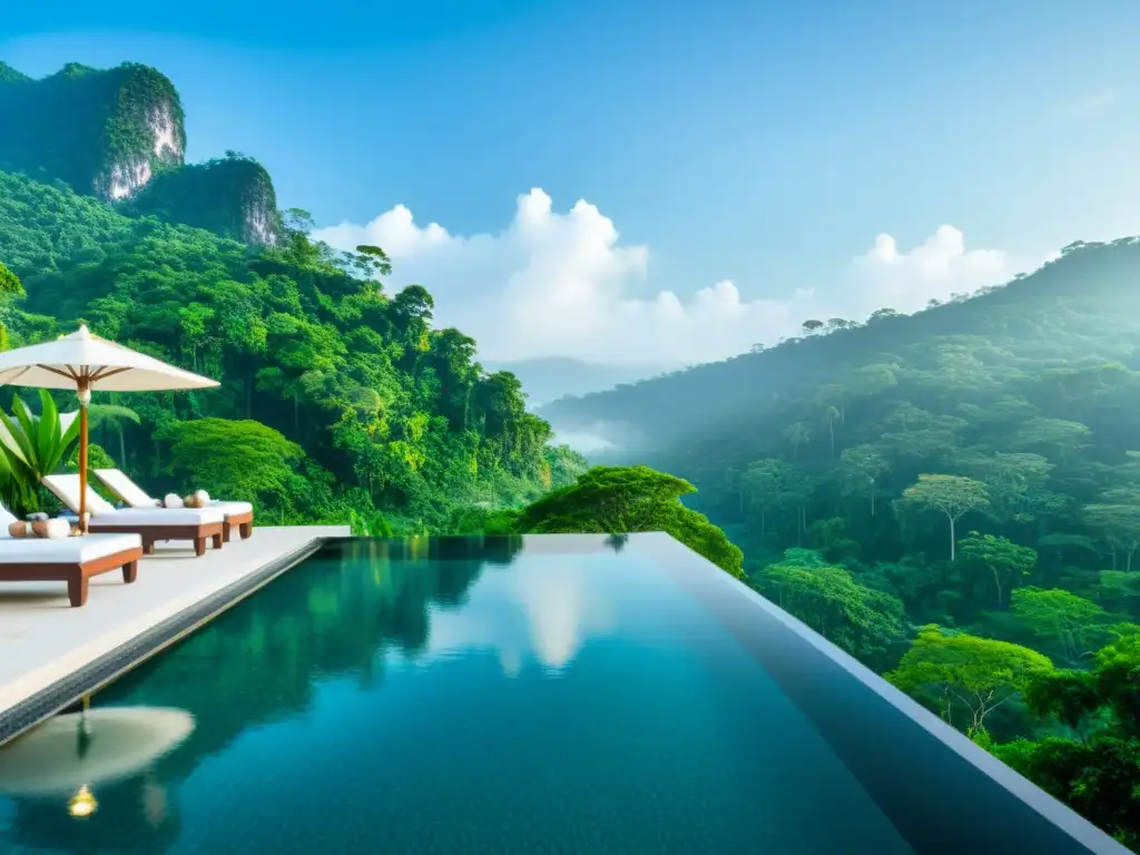 Vista impresionante de una piscina infinita serena con un lujoso hotel entre la exuberante vegetación