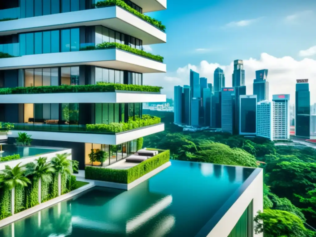 Vista impresionante de un rascacielos de lujo en Singapur con alojamiento exclusivo, piscina infinita en la azotea y moderna arquitectura urbana