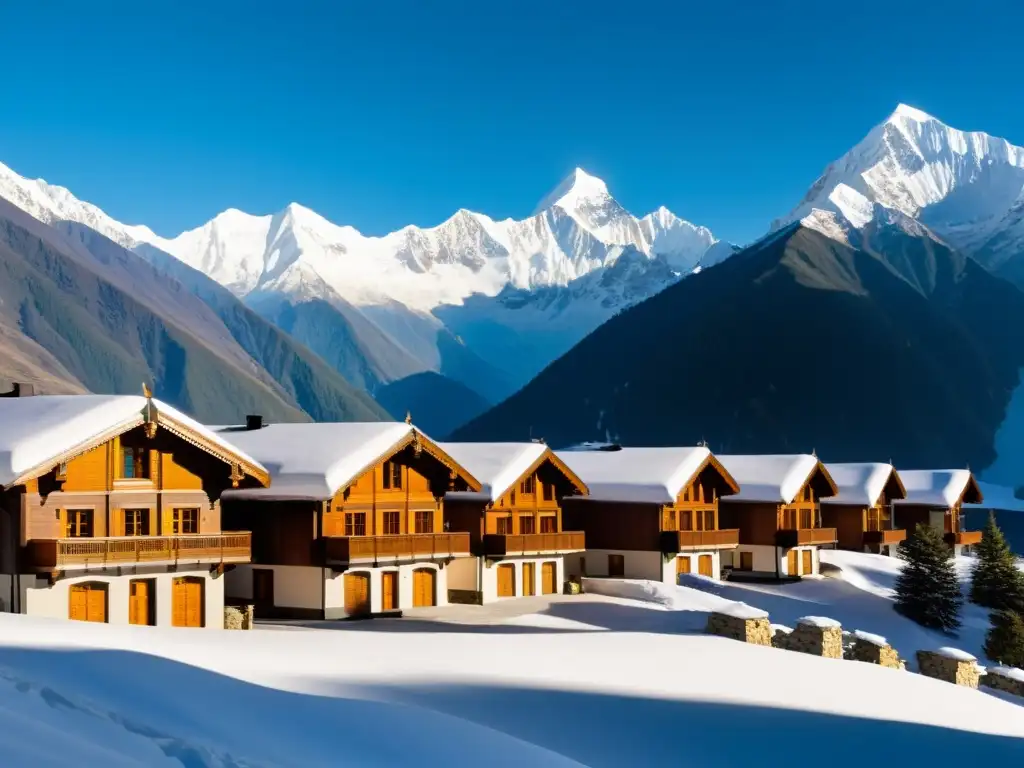 Vista impresionante de resorts exclusivos en el Himalaya, entre picos nevados