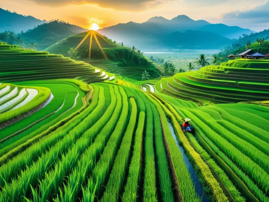 Vista impresionante de terrazas de arroz en Asia, con agricultores en sombreros cónicos