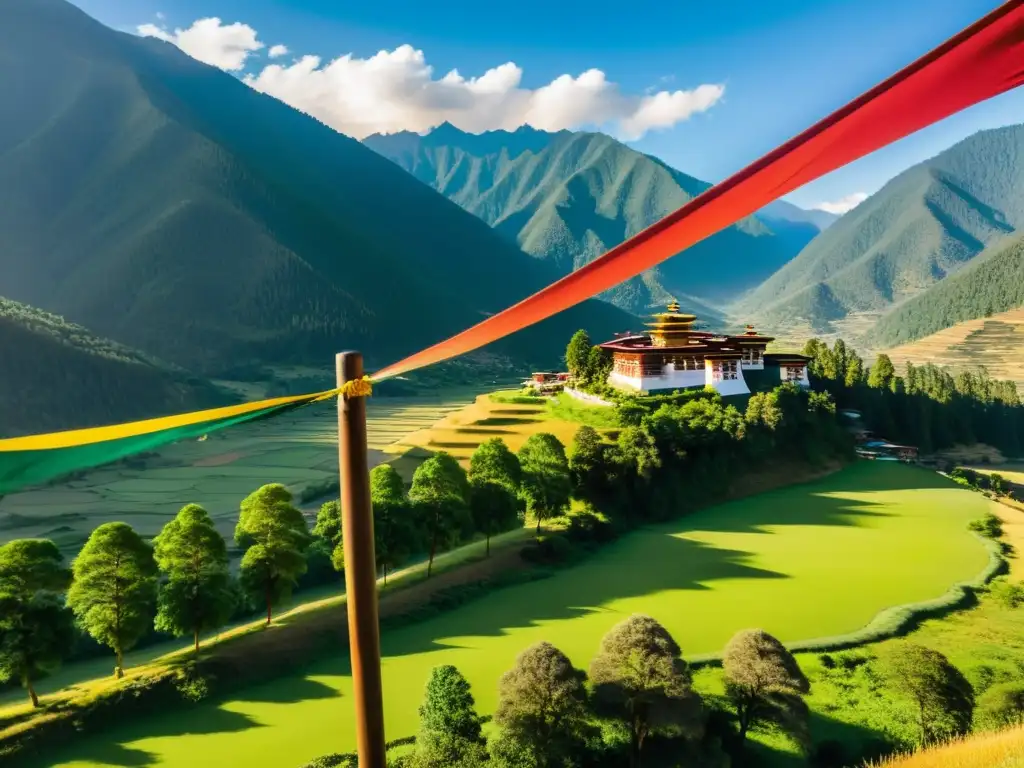 Valles verdes de Bhután: esplendor espiritual y natural Vista impresionante del valle verde de Bhután, con montañas del Himalaya al fondo