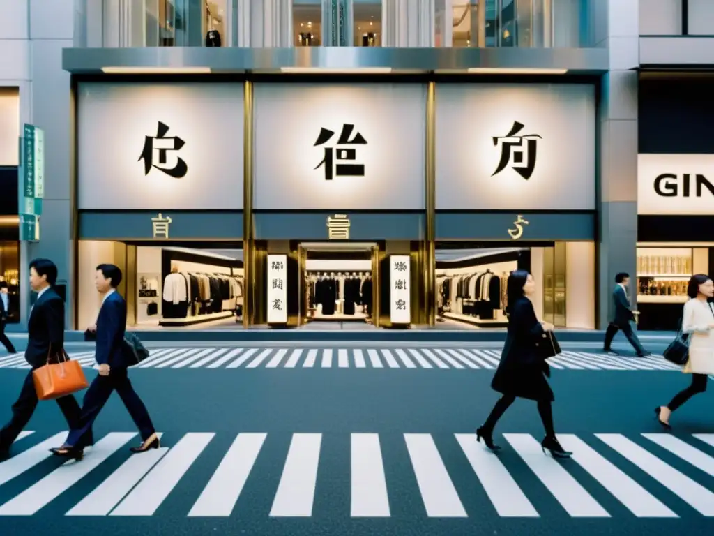 Vista de lujo en Ginza, Tokio con tiendas de marcas de moda de lujo asiáticas y arquitectura moderna, mostrando la elegancia y sofisticación japonesa