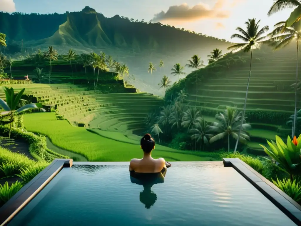 Vista de una lujosa piscina infinita en Bali con terrazas de arroz verdes y una atmósfera de lujo accesible en hoteles de alta gama en Asia