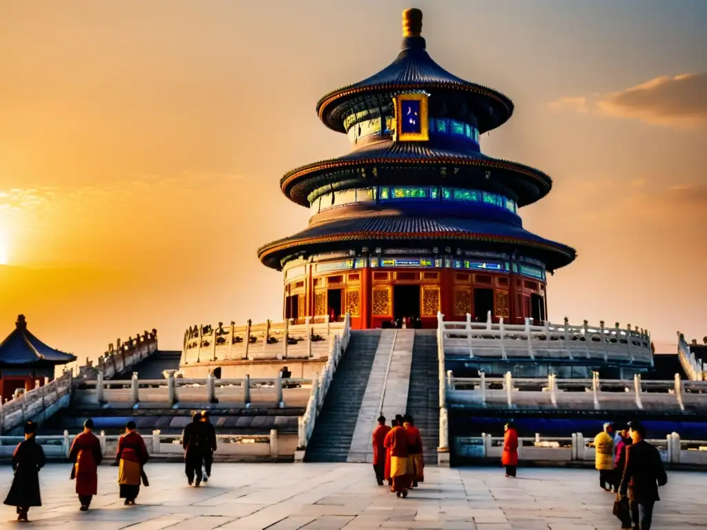 Vista majestuosa del Templo del Cielo en Beijing, con adoradores en rituales religiosos