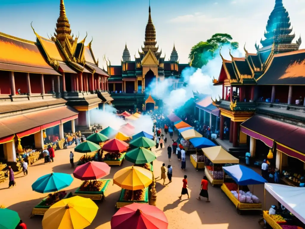 Vista de mercado bullicioso en Festival Pchum Ben Camboya ancestral, con puestos vibrantes y templos ornamentados al fondo