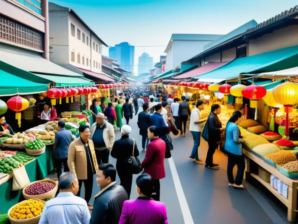 Vista de mercado callejero en una ciudad asiática moderna, con intercambios culturales y comercio entre minorías étnicas en Asia moderna