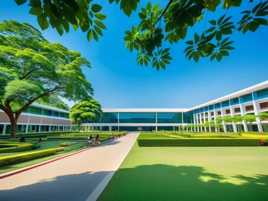 Vista del moderno campus del Instituto Asiático de Tecnología en Tailandia, con estudiantes y hermosa naturaleza