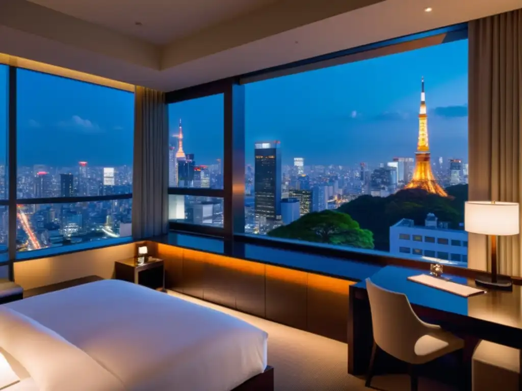 Vista nocturna de Tokio desde alojamientos de lujo con decoración japonesa y comodidades opulentas