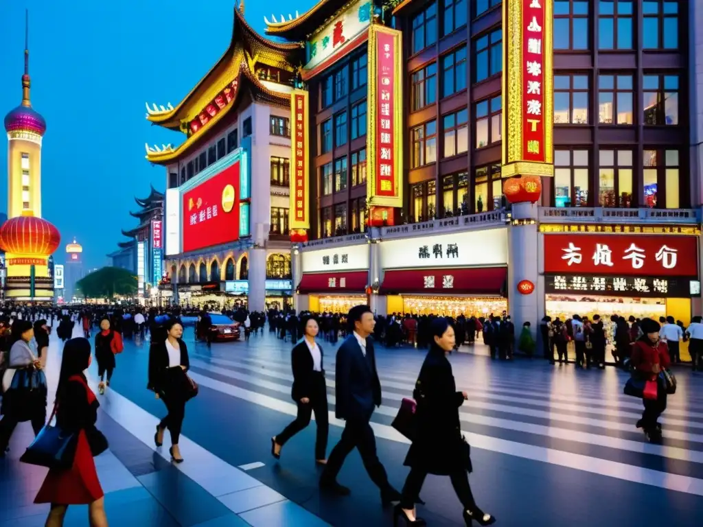 Vista nocturna de Nanjing Road en Shanghai, con arquitectura tradicional china y tiendas de lujo