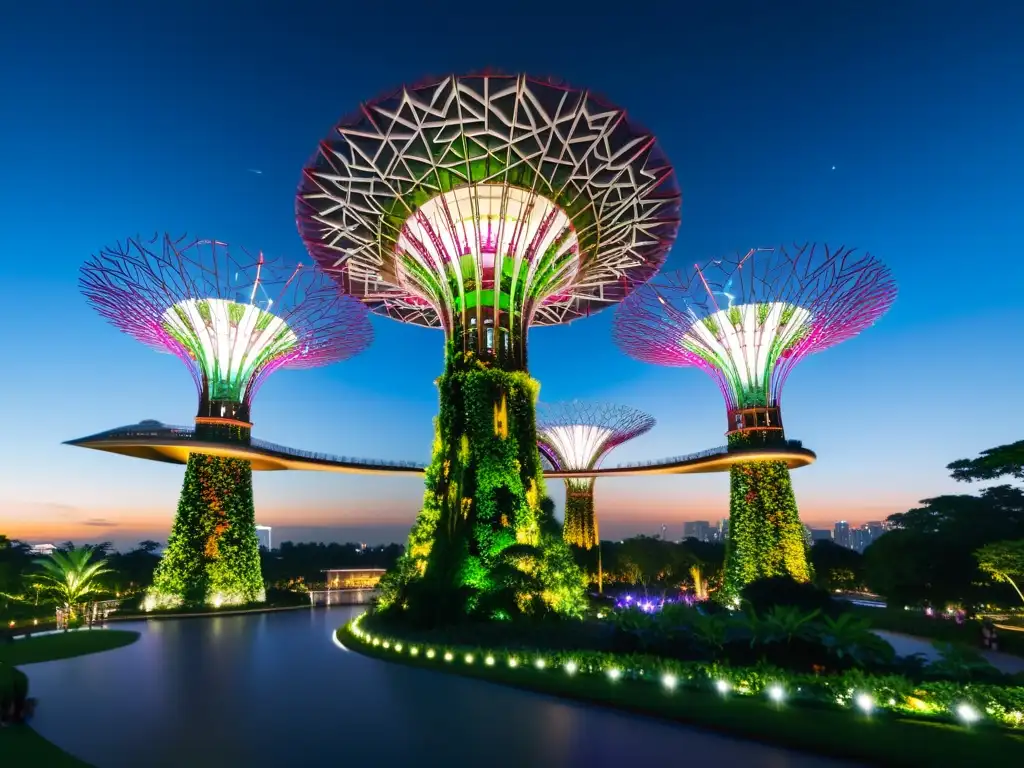 Vista nocturna de las icónicas Supertree Grove en Gardens by the Bay, Singapur, destacando la construcción asiática sostenible estética ecología