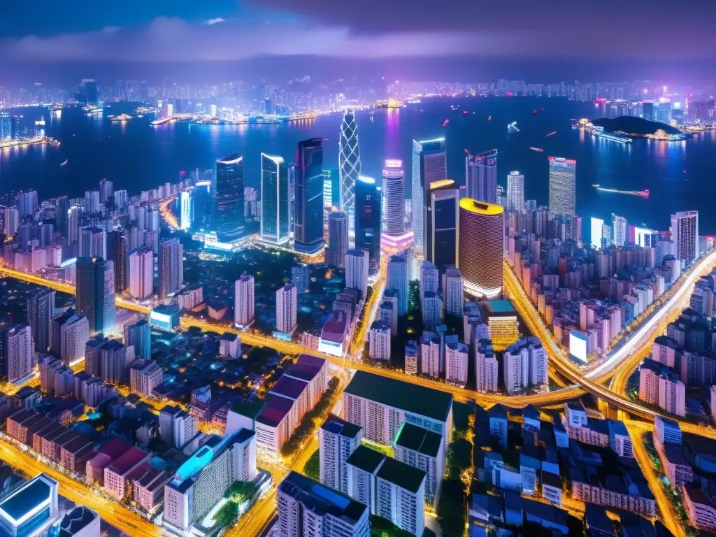 Vista nocturna de una bulliciosa ciudad asiática con calles iluminadas, rascacielos y áreas residenciales