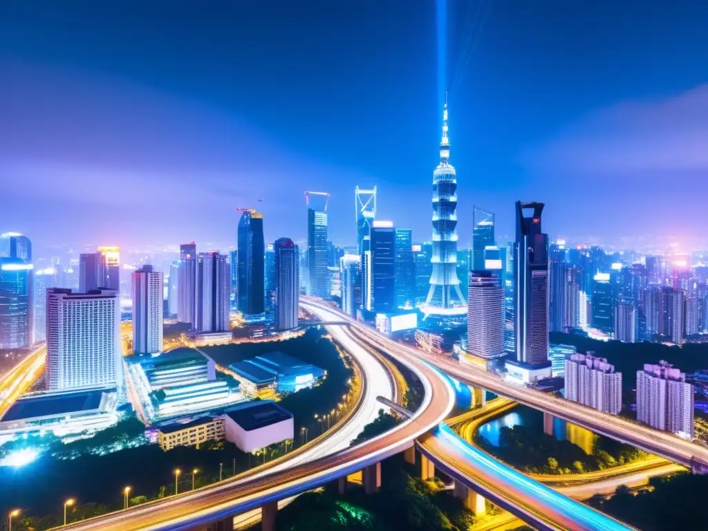 Vista nocturna de una ciudad asiática moderna y tecnológica, con rascacielos y autopistas iluminadas por luces de neón