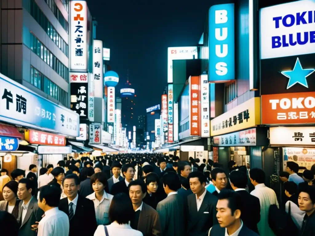 Vista nocturna de una concurrida calle de Tokio en blanco y negro, con letreros de neón iluminando el ambiente y personas transitando