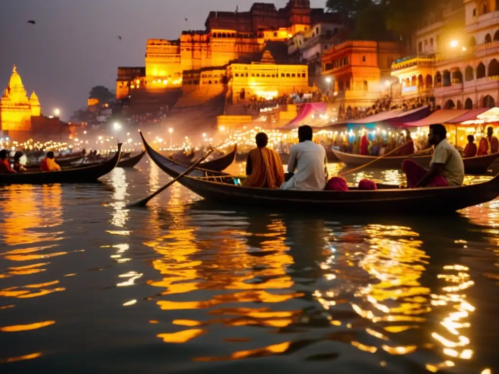 Vista nocturna de Varanasi durante los festivales del hinduismo tradicionales con miles de diyas iluminando las ghats y el río Ganges