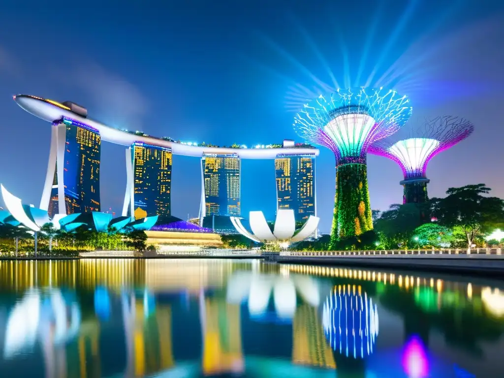 Vista nocturna de Singapur con el hotel Marina Bay Sands y los Supertrees iluminados