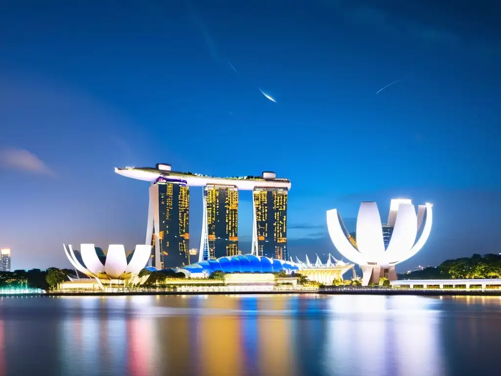 Vista nocturna de Singapur con el icónico hotel Marina Bay Sands y el Supertree Grove iluminados