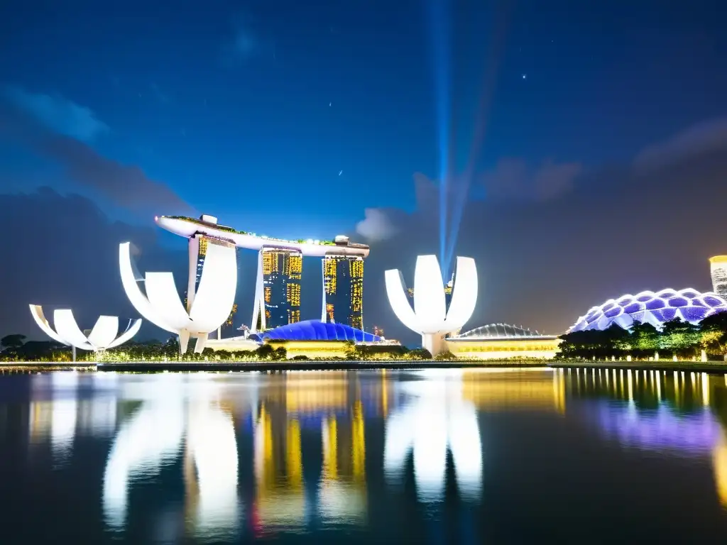 Vista nocturna de Singapur con iluminaciones, reflejos en el agua y la arquitectura innovadora de Marina Bay Sands y Gardens by the Bay