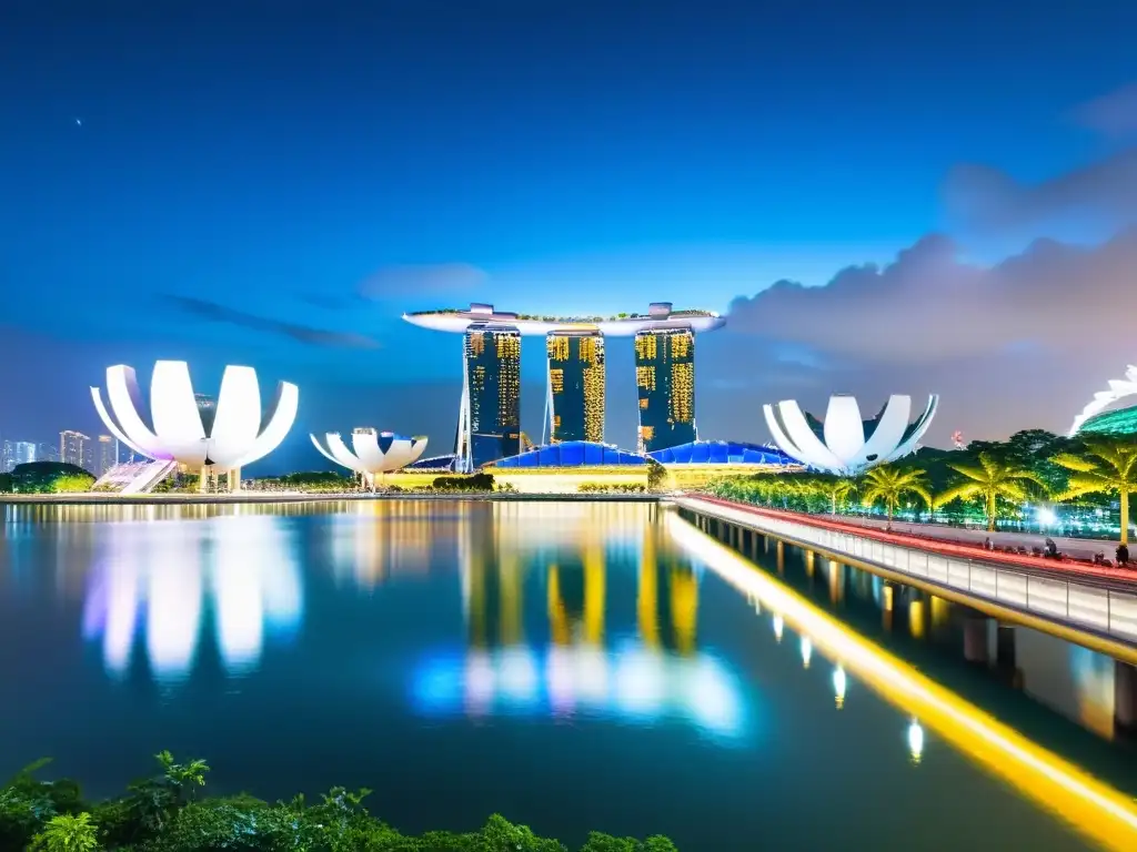 Vista nocturna de Singapur con Marina Bay Sands y Supertree Grove iluminados