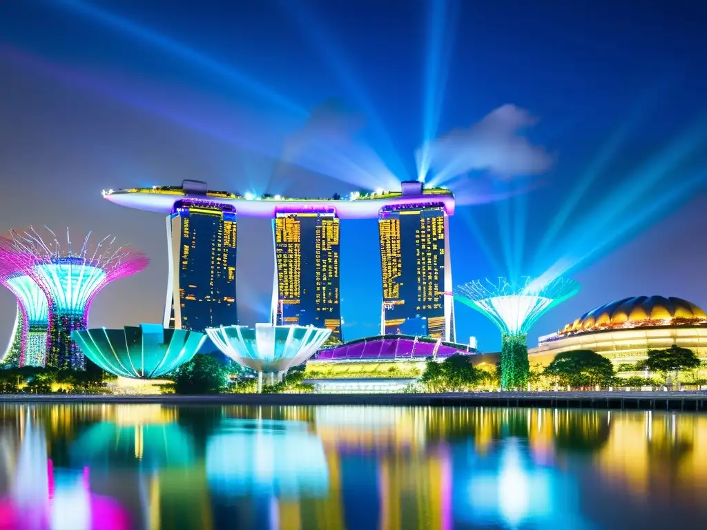 Vista nocturna impresionante de Singapur, con la icónica Marina Bay Sands y los deslumbrantes Supertree Grove en Gardens by the Bay