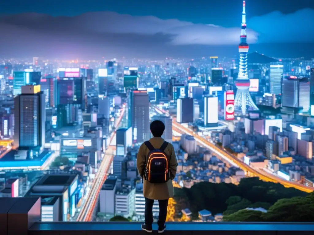 Vista nocturna de Tokyo, Japón, con luces de neón y rascacielos, reflejo de la Revolución industrial: Asia, automatización y AI