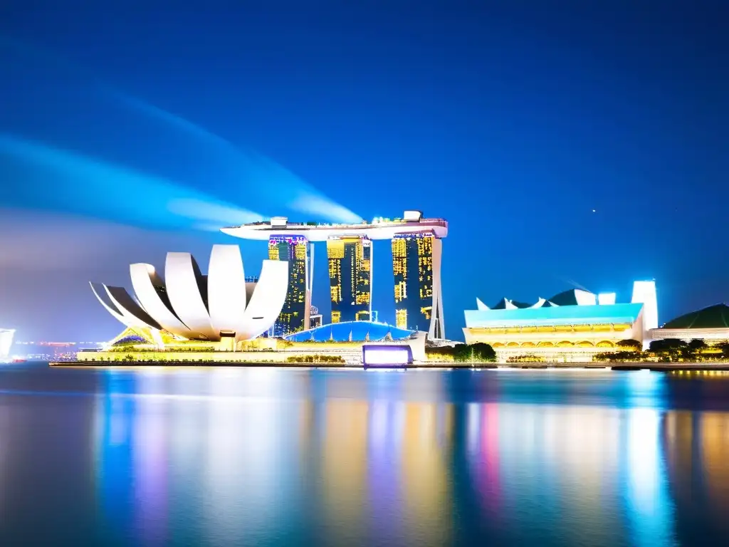 Vista nocturna de Singapur con rascacielos iluminados y Marina Bay