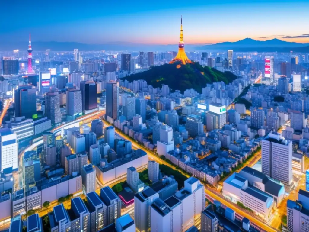 Vista nocturna de Tokio con tecnología smart cities sostenibles en Asia