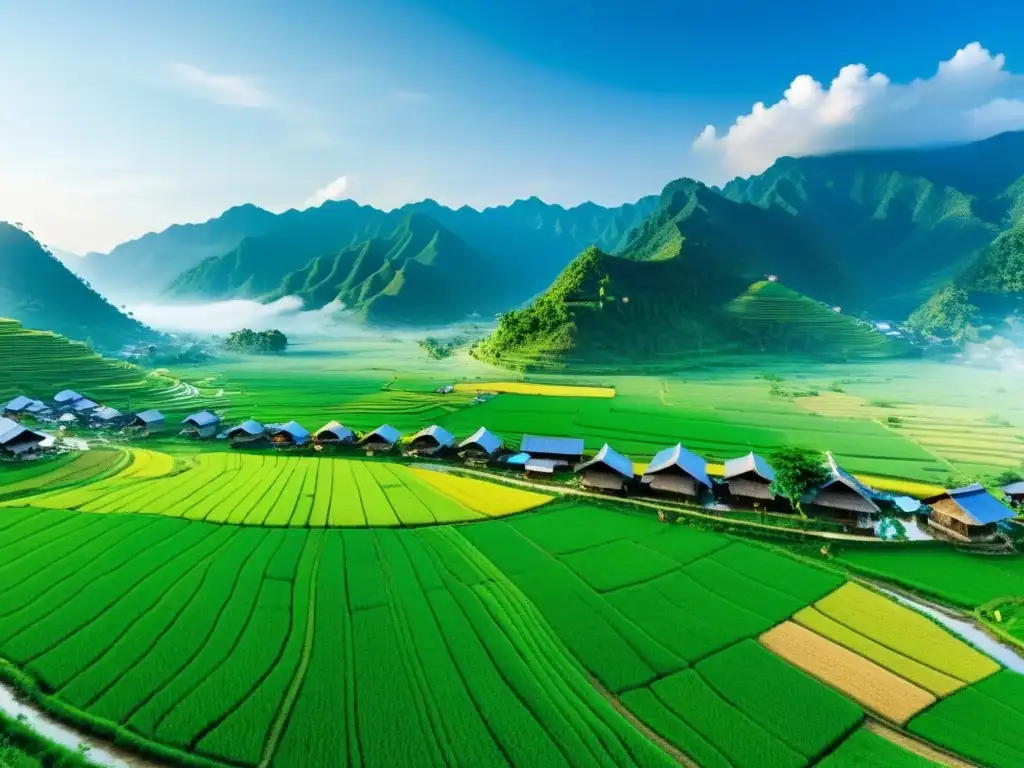 Vista panorámica de una aldea rural asiática moderna con actividades tradicionales, rodeada de arrozales verdes y montañas cubiertas de niebla