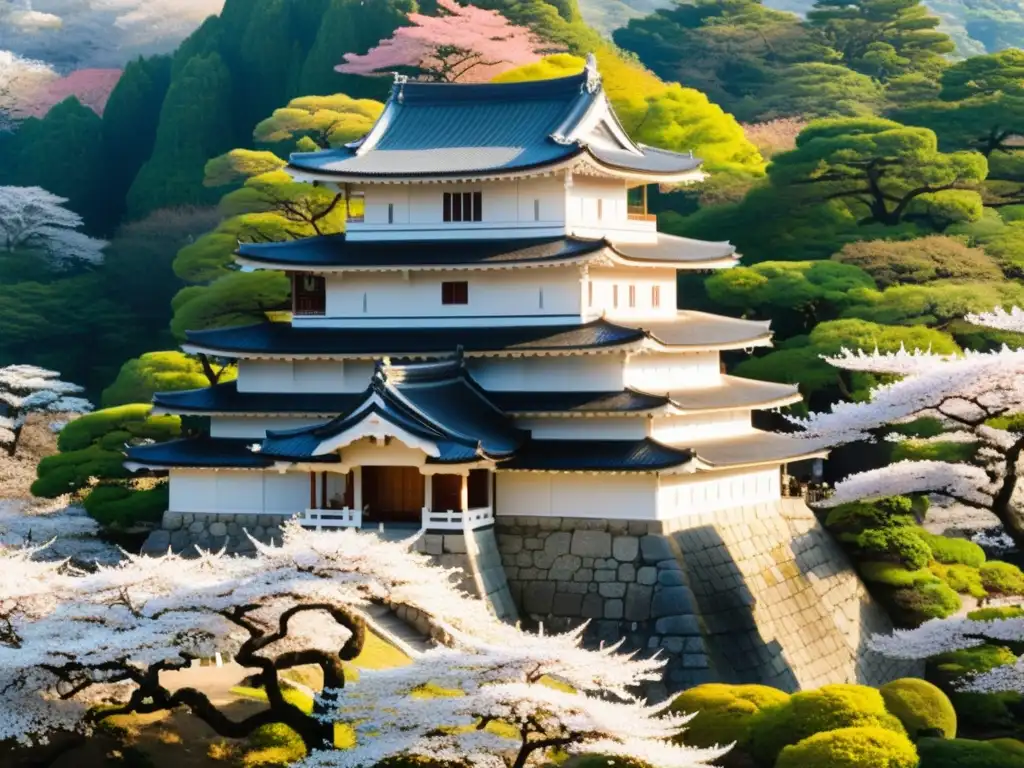 Esplendor milenario: Castillo Himeji, Japón Vista panorámica de Himeji Castle en Japón, destacando la arquitectura castillos samurai Japón y los cerezos en flor