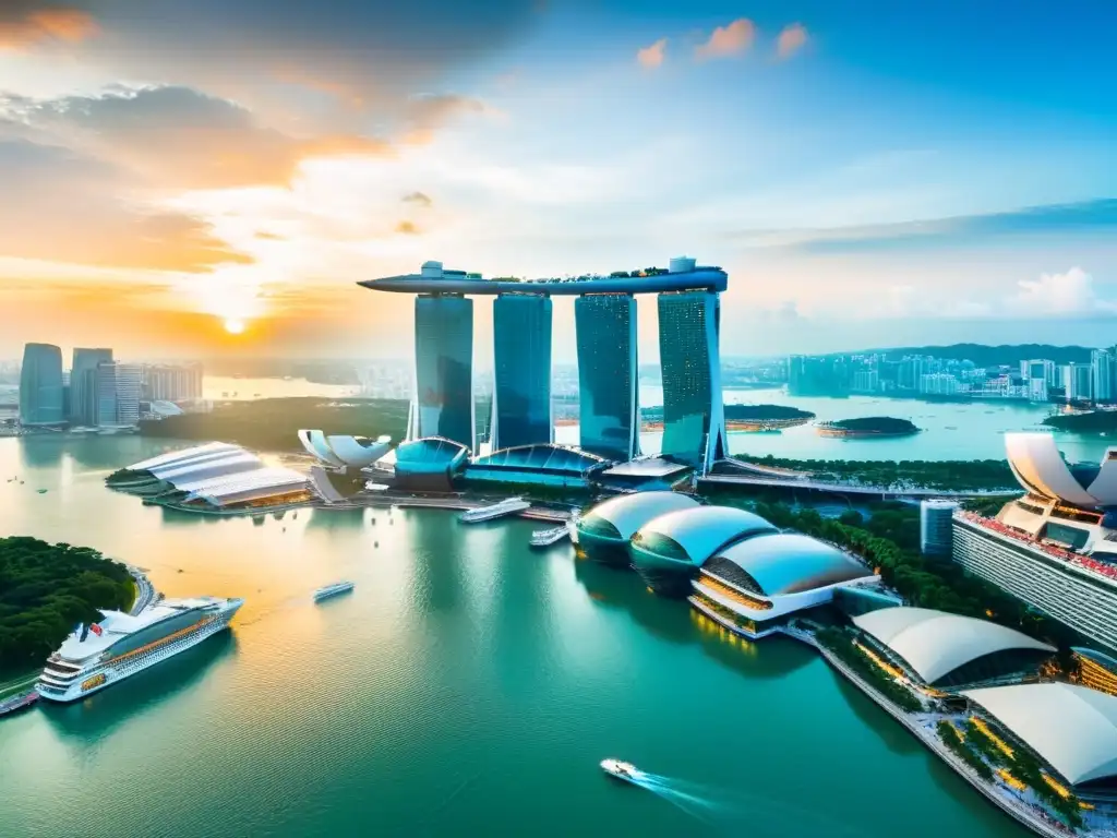 Vista panorámica de Singapur al atardecer, destacando Marina Bay Sands y rascacielos del distrito financiero