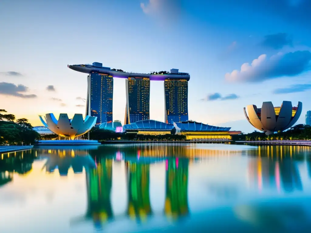 Vista panorámica de Singapur al atardecer, con Marina Bay Sands, jardines sostenibles y arquitectura urbana en armonía con la naturaleza