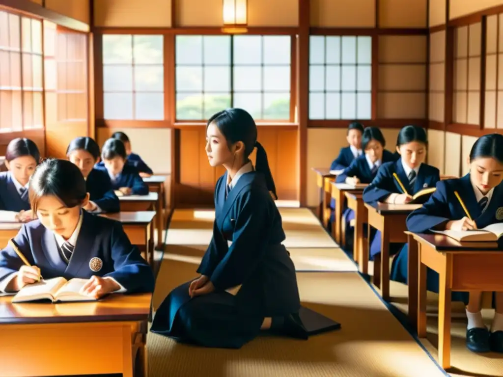 Vista panorámica de aula japonesa tradicional con estudiantes atentos, luz cálida, maestra enseñando