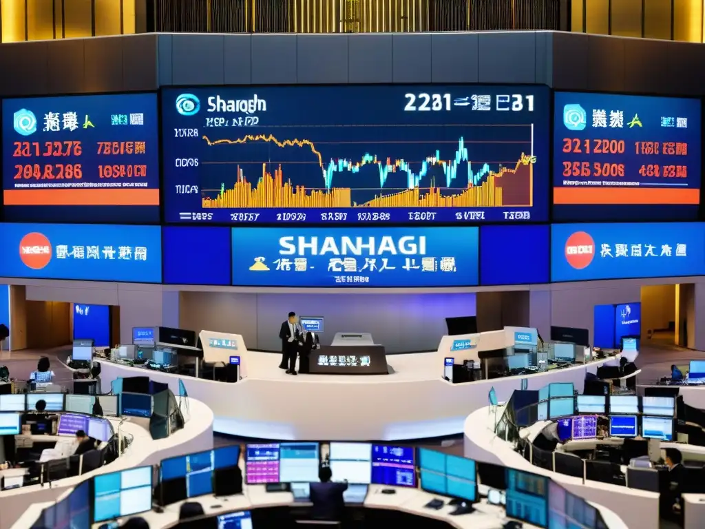 Vista panorámica de la Bolsa de Valores de Shanghai, con traders activos y modernos displays