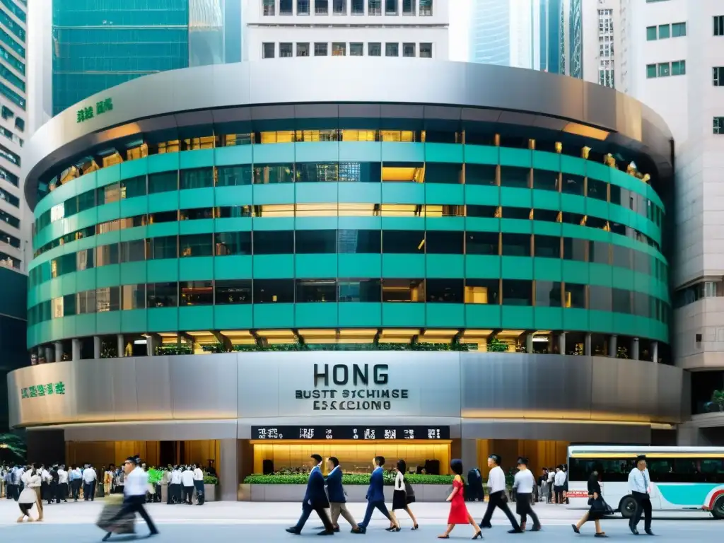Vibrante Bolsa de Valores de Hong Kong: Modernidad y Tradición Vista panorámica de la bulliciosa Bolsa de Valores de Hong Kong con inversiones en bolsas de valores asiáticas