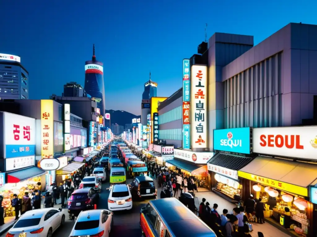 Vista panorámica de una bulliciosa calle en Seúl, Corea del Sur, con letreros de neón, vendedores ambulantes y multitudes