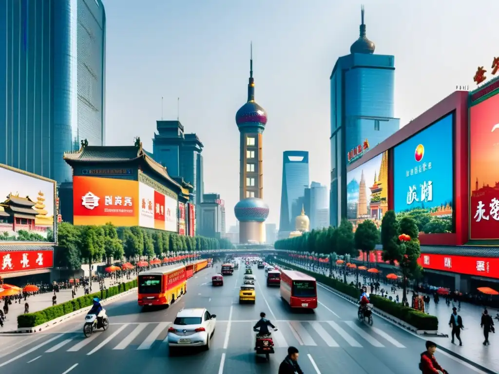 Vista panorámica de una bulliciosa calle urbana en Beijing, China, con arquitectura tradicional y moderna