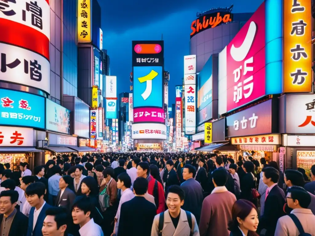 Vista panorámica de una bulliciosa calle en el distrito de Shibuya en Tokio, con luces de neón, multitudes y arquitectura tradicional y moderna