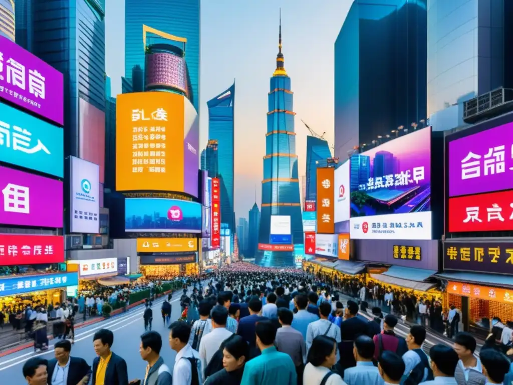 Vista panorámica de una bulliciosa calle de una gran metrópolis asiática, con rascacielos futuristas y arquitectura tradicional