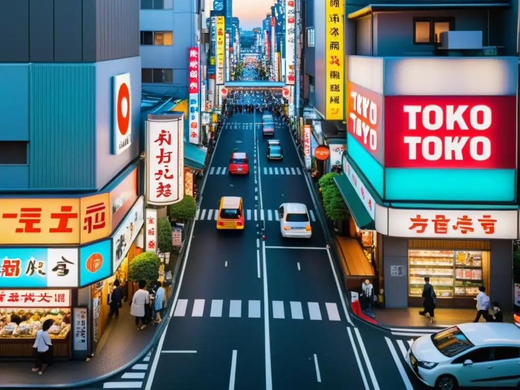 Vista panorámica de una bulliciosa calle de Tokio, Japón, con Técnicas cinematográficas en series asiáticas, colmada de energía y vida urbana