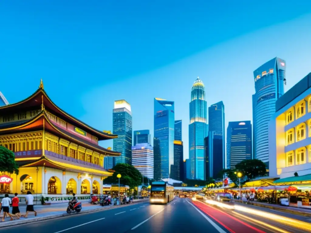 Vista panorámica de las bulliciosas calles de Singapur, reflejando la diversidad cultural y la coexistencia armoniosa de lo tradicional y lo moderno