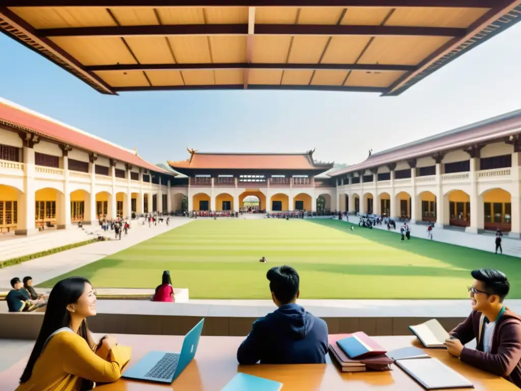 Vista panorámica de un bullicioso campus universitario en Asia