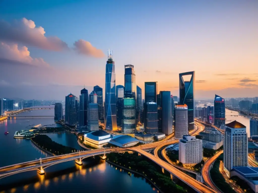 Vista panorámica de un bullicioso distrito financiero asiático al anochecer, con rascacielos iluminados y un río reflejando las luces de la ciudad