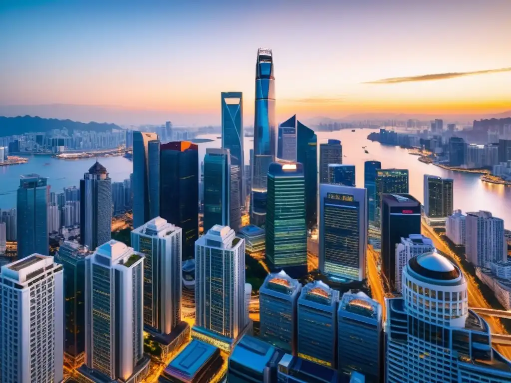 Vista panorámica de un bullicioso distrito financiero asiático al atardecer, con rascacielos iluminados por el cálido resplandor del sol poniente