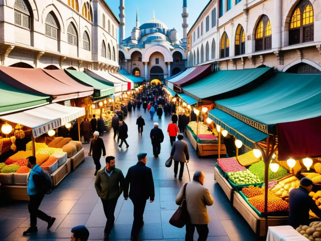 Vista panorámica del bullicioso Gran Bazar en Estambul, con puestos de colores vibrantes y gente comerciando, evocando la Ruta de Marco Polo Asia Central