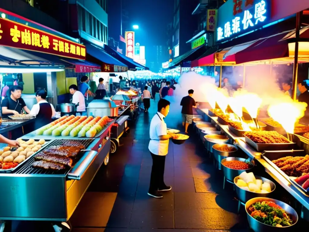 Vista panorámica de un bullicioso mercado nocturno en Taipei, Taiwán, con coloridos puestos de comida iluminados por luces de neón