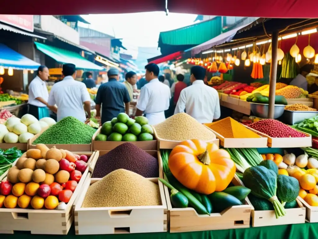 Vista panorámica de un bullicioso mercado asiático, con coloridas frutas, especias y chefs preservando tradiciones culinarias