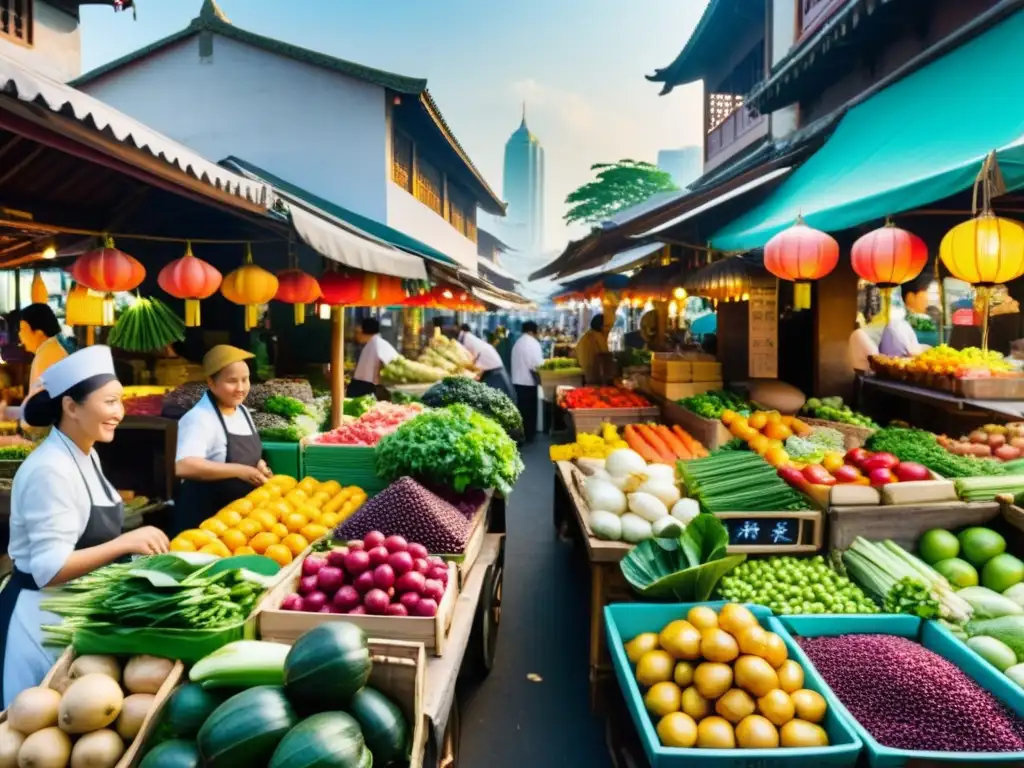 Vista panorámica de un bullicioso mercado asiático, con chefs seleccionando ingredientes frescos