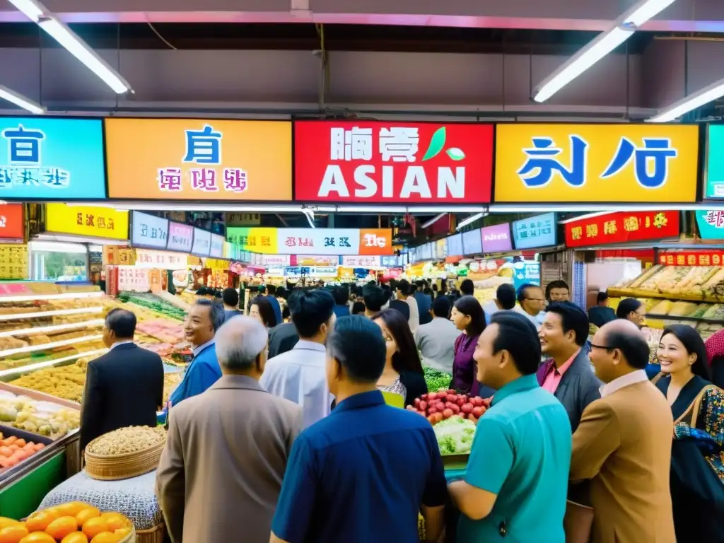 Vista panorámica de un bullicioso mercado asiático, donde la diversidad lingüística y cultural se refleja en los letreros coloridos