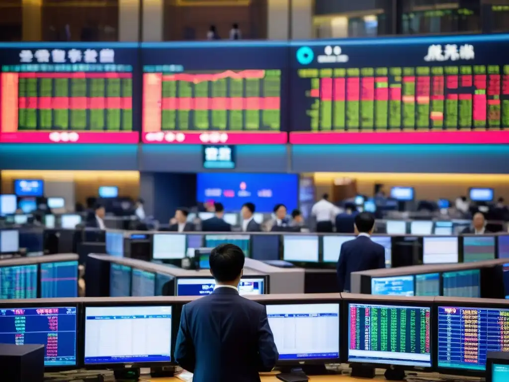 Una vista panorámica del bullicioso piso de la bolsa de valores de Shanghai, con traders gestos y gritos entre pantallas digitales