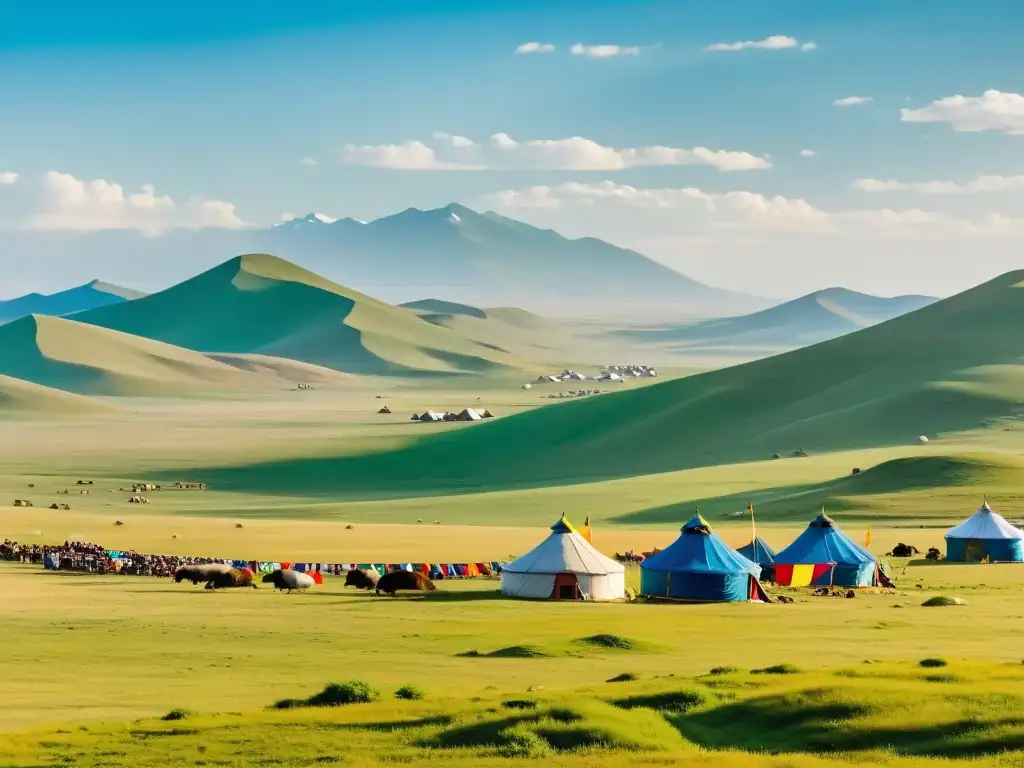 Vista panorámica de la estepa mongola con un campamento de glamping de lujo, águilas doradas y pastores nómadas