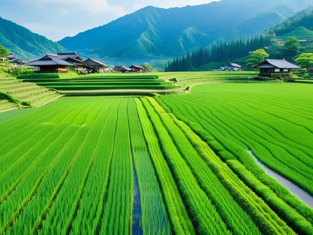 Vista panorámica de un campo de arroz en Japón, reflejando la importancia de la agricultura y la filosofía oriental en armonía con la naturaleza